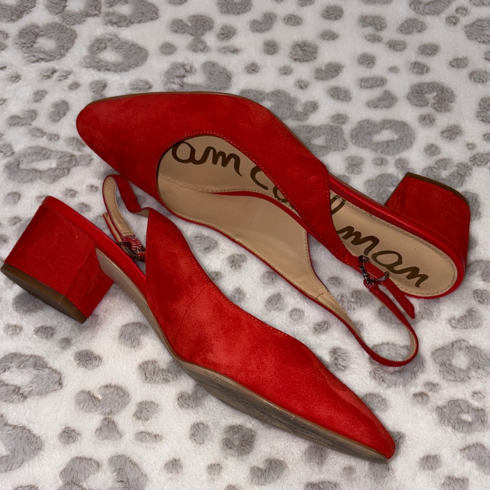 Sam Edelman Orange-Red Suede Block Heel Slingbacks - Picture 5 of 10
